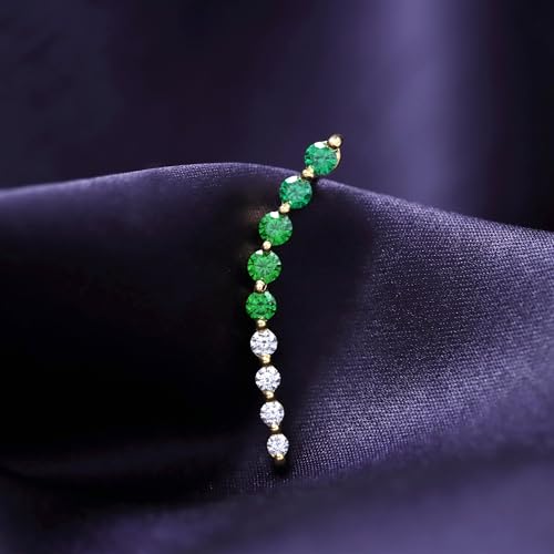 Floating Curved Bar One Piece Left Ear Crawler Earrings With Birthstone | White CZ In 14K Yellow Gold Over Sterling Silver - color: Simulated Emerald