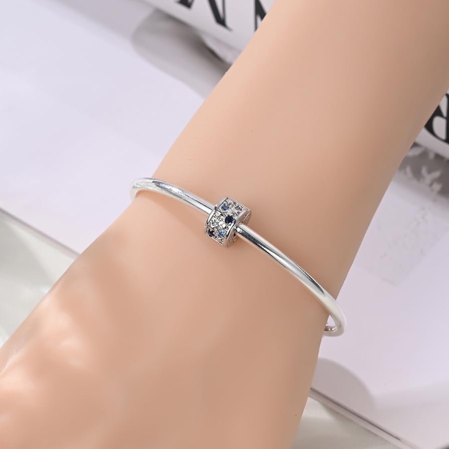 925 Sterling Silver Openable Clip Spacer Bead Fits Pandora Bracelet | Hypoallergenic Clip Stopper Charm, Star Clover Butterfly Floral Mom Heart Paved Zircon Gift for DIY Charm Bracelet Jewelry - color: Blue Zircon Star