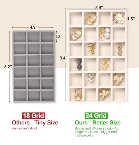 Jenseits 4 Jewelry Organizer Drawer Insert, Stackable Velvet Jewelry Tray Organizer Display Case Storage Containers, Earring Holder Necklace Watch Bracelet Accessary Ring Trays, Gift For Women (Beige)