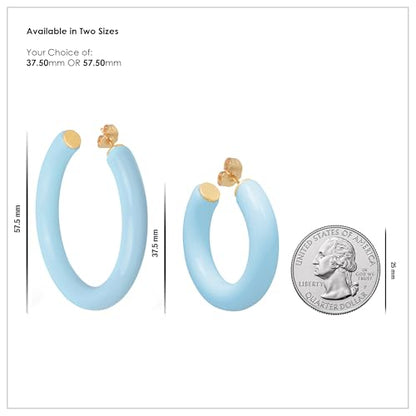 Gold Plated Multicolor Resin Chunky Thick Open Hoop Earrings in 57MM and 37.5MM Diameters - color: Blue - Baby Blue - Glossy Finish, size: 37.5MM (1.48") Diameter