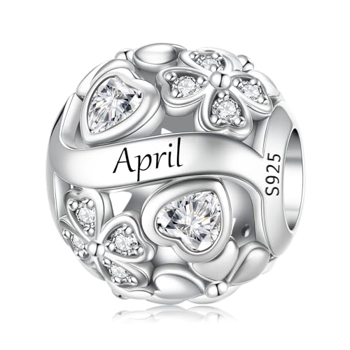 LNQOBU 925 Sterling Silve Lucky Birthstone Charm for Bracelets, With 5A Cubic Zirconia Birthday Charms Dangle Pendant Bead for Pandora Bracelets and Necklaces - color: D1-April
