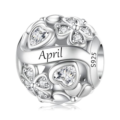 LNQOBU 925 Sterling Silve Lucky Birthstone Charm for Bracelets, With 5A Cubic Zirconia Birthday Charms Dangle Pendant Bead for Pandora Bracelets and Necklaces - color: D1-April