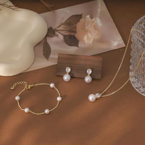 Jewelry Sets for Women,Dainty 14k Gold Plated Pearl Earrings Necklace Bracelet Fashion Silver Bridal Jewelry accessories SimpleWedding Jewelry Sets for Brides - color: gold1
