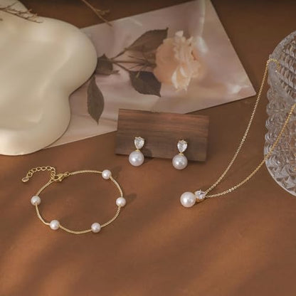 Jewelry Sets for Women,Dainty 14k Gold Plated Pearl Earrings Necklace Bracelet Fashion Silver Bridal Jewelry accessories SimpleWedding Jewelry Sets for Brides - color: gold1