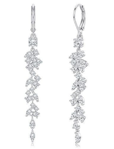 PATISORNA 925 Sterling Silver Dangle Earrings for Women Trendy Hypoallergenic White Gold Plated Leverback Drop Earrings Long Lightweight Statement Earring for Wedding Brides - color: Long CZ