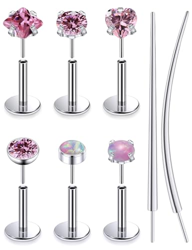 F136 Titanium 20/18/16g Internally Threaded Medusa Monroe Lip Ashley Labret Nose Rings Flat Back Tragus Helix Cartilage Conch Screw Stud Earrings Surgical Steel Piercing Jewelry for Women - color: Pink CZ, size: 16g*1/4in