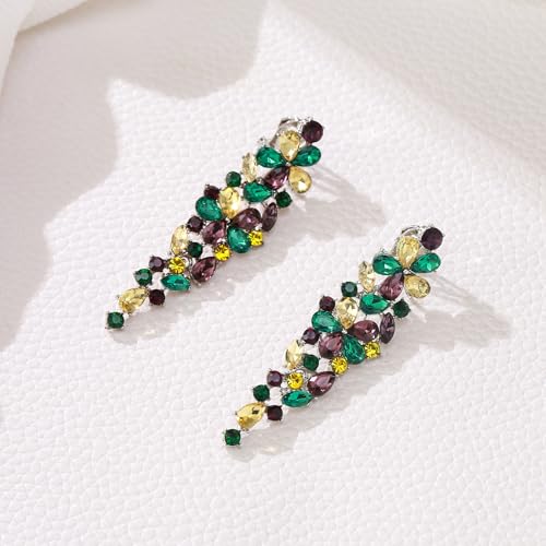 EleQueen Women's Sparkle Statement Clip-On Chandelier Earrings | Marquise Crystals Earrings for Women, Art Deco Prom Jewelry for Wedding Bride Bridesmaid - color: Mardi Gras Yellow Green Purple
