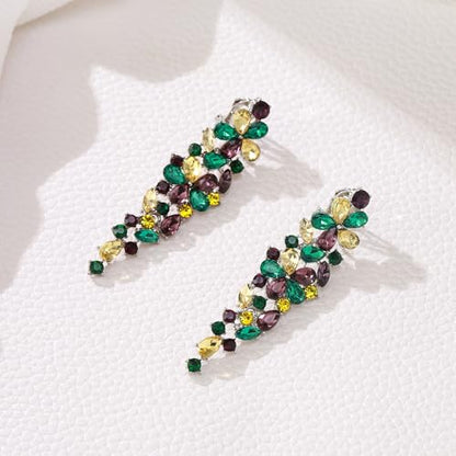 EleQueen Women's Sparkle Statement Clip-On Chandelier Earrings | Marquise Crystals Earrings for Women, Art Deco Prom Jewelry for Wedding Bride Bridesmaid - color: Mardi Gras Yellow Green Purple