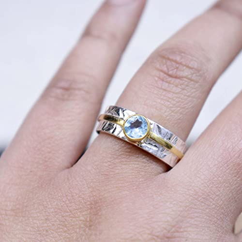 Stunning Blue Topaz Ring Hammered Two Tone Band Ring for Women & Girls Thumb Band Ring In Sterling Silver Gemstone Ring Wedding Promise Best Gift Band Ring Stackable Topaz Ring