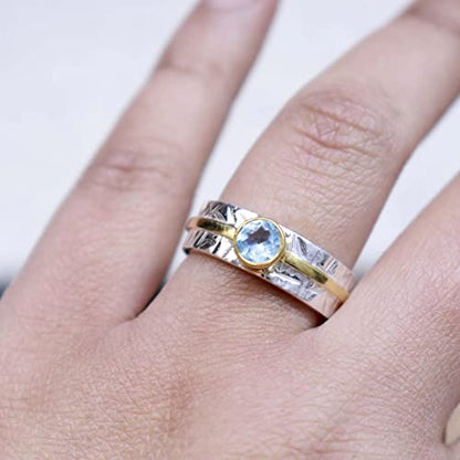 Stunning Blue Topaz Ring Hammered Two Tone Band Ring for Women & Girls Thumb Band Ring In Sterling Silver Gemstone Ring Wedding Promise Best Gift Band Ring Stackable Topaz Ring