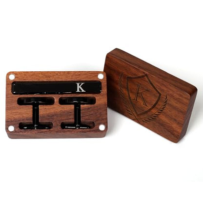 Mens Initial Cufflinks and Tie Clip A-Z Alphabet Letter Black Stainless Cuff Links Tie Bar with Engraved Walnut Wood Box Groom Groomsman Wedding Set - style: Classic-K