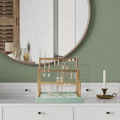 SANY DAYO HOME 3-Tier Earring Holder Organizer Stand, 105 Holes Gold Metal Earring Rack Jewelry Display Tree with Sage Green Wood Tray for Women and Girls - color: Gold Rack Green Base