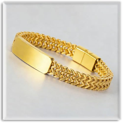 Xusamss Mens Cuban Link Bracelet Stainless Steel Double Layer Chain Jewelry Heavy Blank Bar Design Link Bracelet for Men - color: Gold