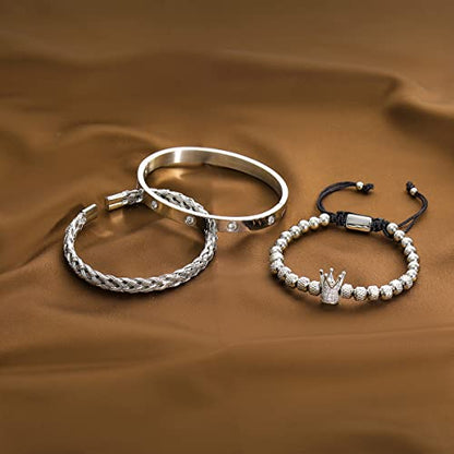 WFYOU 3PCS Stainless Steel Imperial Crown Bracelets for Men Gold Roman Numeral Bangle Bracelet Adjustable Cuff Bracelet Mens Luxury Jewelry Gifts - style: 01:Silver-Cubic Zirconia