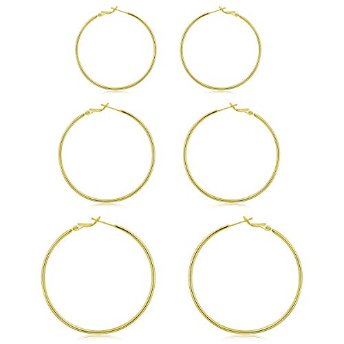 3 Pairs Sterling Silver Large Hoop Earrings Set for Women 40 50 60MM | 14K White Gold Plated, Hypoallergenic - style: B:Gold 40mm 50mm 60mm
