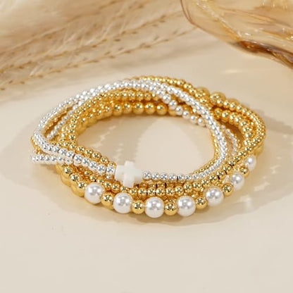 Silver Gold Beaded Bracelets for Women Stackable 14K Gold Plated Beads Ball Cross Bracelet Stack Non Tarnish Elastic Stretch Trendy Jewelry Christian Friendship Christmas Gifts for Women - color: 6pcs-White Cross