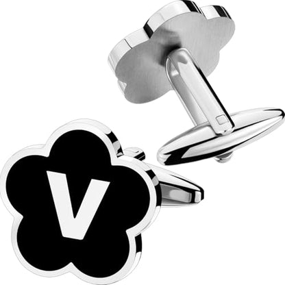 Initial Cufflinks for Men, Black Silver Letter Personalized Shirts CuffLinks,Stainless Steel Cuff Links,Gifts for Wedding Party Business Valentine - style: Letter V