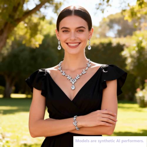 Kamirola Bridal Jewelry Set, Jewelry Set for Women, Necklace Dangle Earrings Bracelet Set, White Gold Plated (TR76) - color: Silver White