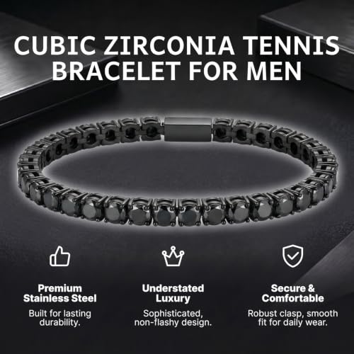 Tennis Bracelet for Men Women 5mm Cubic Zirconia Bracelet Gift | Hypoallergenic Stainless Steel Mens Bracelets, Black/Silver CZ Tennis Bracelet, Classic Bling Hip Hop Jewelry Gift 7.5/8.7in