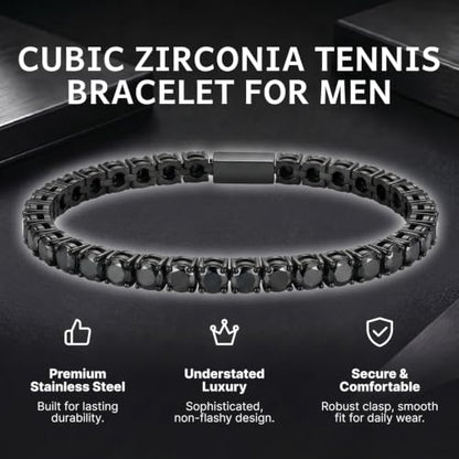 Tennis Bracelet for Men Women 5mm Cubic Zirconia Bracelet Gift | Hypoallergenic Stainless Steel Mens Bracelets, Black/Silver CZ Tennis Bracelet, Classic Bling Hip Hop Jewelry Gift 7.5/8.7in