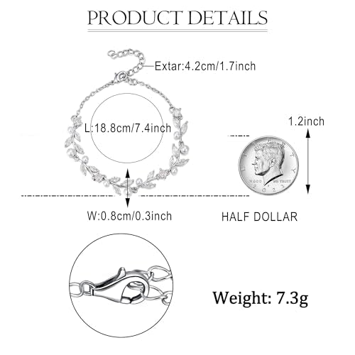 EVER FAITH Gorgeous Cubic Zirconia Pearl Wedding Link Bracelet for Bride | Marquise Teardrop Crystal Bridal Prom Jewelry, for Women Bridesmaids - style: Leaves_Clear Silver-Tone