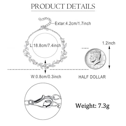 EVER FAITH Gorgeous Cubic Zirconia Pearl Wedding Link Bracelet for Bride | Marquise Teardrop Crystal Bridal Prom Jewelry, for Women Bridesmaids - style: Leaves_Clear Silver-Tone