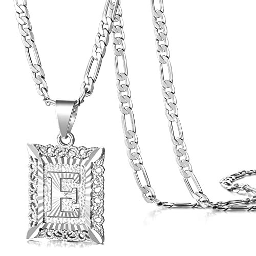 KissYan Initial Necklaces for Women Men | 14K Gold Filled/White Gold Plated, Square Letter Capital Monogram Pendant with 20''+2'' Figaro Chain, Alphabets from A-Z - color: 2-Silver, style: E