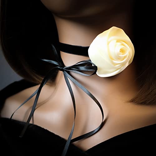 Black Choker Camellia Flower Lace-up Necklace For Women - color: Beige rose