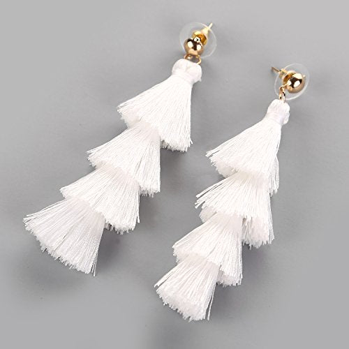 BaubleStar Bohemian Layered Tassel Drop Earrings for Women | Lightweight Statement Party Festival Jewelry - color: White