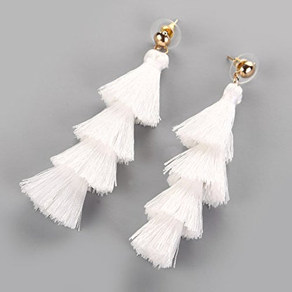 BaubleStar Bohemian Layered Tassel Drop Earrings for Women | Lightweight Statement Party Festival Jewelry - color: White