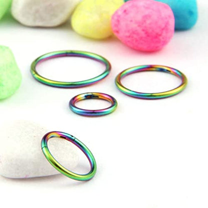 4Pcs 16G 18G 20G Surgical-Steel-Piercing-Ring-Nose-Rings-Hinged-Hoop-Earrings,6mm 8mm 10mm 12mm Seamless Stainless Steel Clicker Eyebrow Septum Piercing Hoop,Sliver Black Gold Rose Gold Rainbow Body Jewelry Set - color: 18G Rainbow