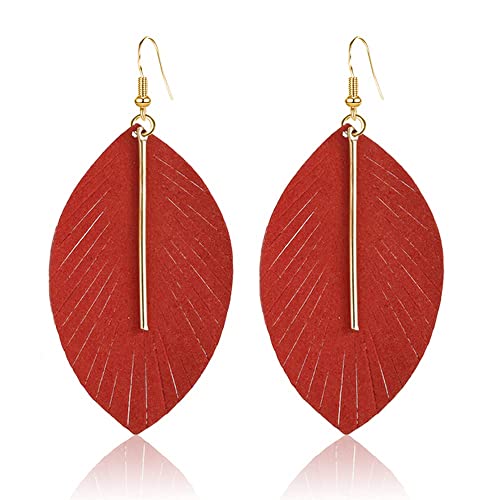 YUNXI Large Genuine Soft Leather Handmade Fringe Feather Lightweight Leaf with Simple Drop Metal Bar Tear Drop Dangle Color Earrings for Women - color: Red