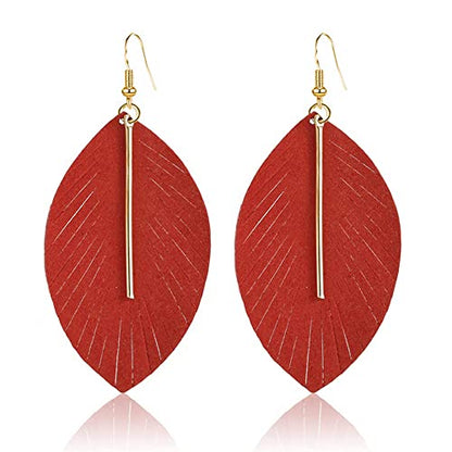 YUNXI Large Genuine Soft Leather Handmade Fringe Feather Lightweight Leaf with Simple Drop Metal Bar Tear Drop Dangle Color Earrings for Women - color: Red