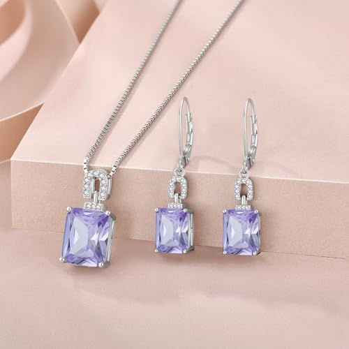 Emerald Cut Birthstone Necklace for Women 925 Sterling Silver | Baguette Birthstone Pendant Necklace, Jewelry for Mom Wife - color: Lavender