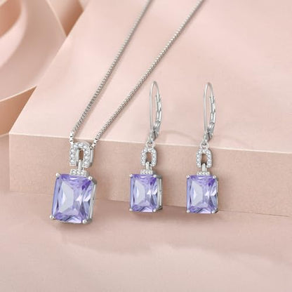 Emerald Cut Birthstone Necklace for Women 925 Sterling Silver | Baguette Birthstone Pendant Necklace, Jewelry for Mom Wife - color: Lavender