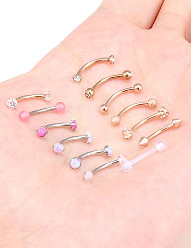 Jenxnjsjo 16g 6/8/10mm Eyebrow/Rook/Snug/Vertical-Labret/VCH/Snake-Eyes/Anti-Tragus/Christina/Daith/Belly-Button/Bridge/Hood/Surface Curved Barbell Piercing Jewelry for Women Men - color: 13PCS, Rose-Gold, size: 10mm