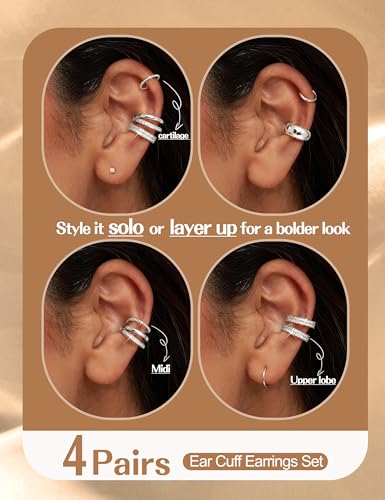 𝟒 𝐏𝐚𝐢𝐫𝐬 Ear Cuffs Non Piercing - 14K Gold Plated Ear Cuff Earrings for Women Trendy Ear Cuff for Non Pierced Ears Clip On Carrtilage Earring Lightweight Adjustable Fake Earrings Set - style: Silver Plated-Chunky