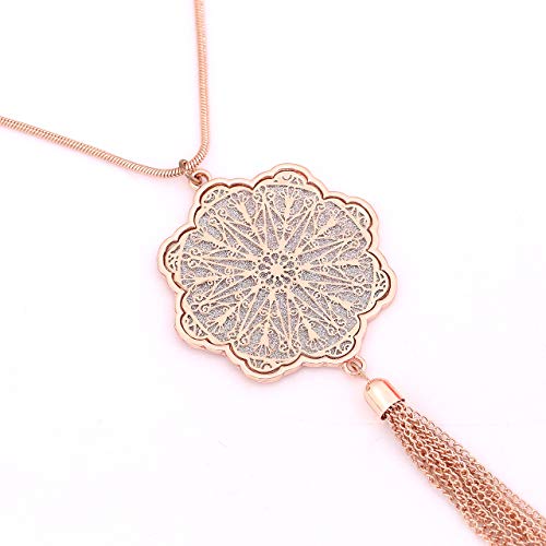 MOLOCH Long Necklaces For Woman Disk Circle Pendant Necklaces Tassel Fringe Necklace Set Statement Pendant - color: floral-shaped-rose gold