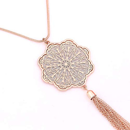 MOLOCH Long Necklaces For Woman Disk Circle Pendant Necklaces Tassel Fringe Necklace Set Statement Pendant - color: floral-shaped-rose gold