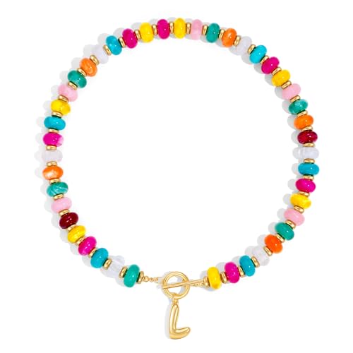 NIKOLUX Colorful Initial Necklaces for Women Chunky Resin Beaded Toggle Necklace 14K Gold Plated A-Z Bubble Letter Pendant Necklace Trendy Summer Beach Handmade Jewelry Gift - color: Colorful-L