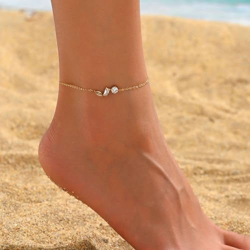 NONAMOIS 18K Gold Plated Diamond Ankle Bracelets for Women Waterproof Gold CZ Pearl Bow Link Chain Anklets Non Tarnish Summer Beach Foot Jewelry Gifts - color: Horizontal 3 CZ-Gold