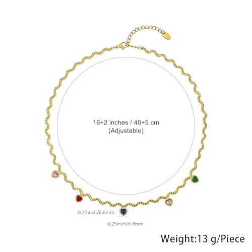 Hipunk Women Gold Plated Stainless Steel Wave Rope Chain Collar Necklace with Colorful Zirconia Flower Heart Charms Choker, Adjustable 16+2 Inch - color: heart