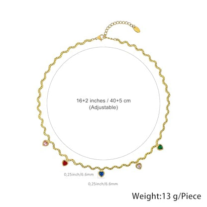 Hipunk Women Gold Plated Stainless Steel Wave Rope Chain Collar Necklace with Colorful Zirconia Flower Heart Charms Choker, Adjustable 16+2 Inch - color: heart