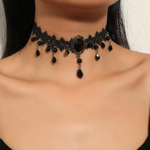 CSIYANJRY99 Gothic Choker Necklace for Women Halloween Red Crystal Vampire Choker Steampunk Lace Choker Witch Costume Accessories - style: Long and short tassels