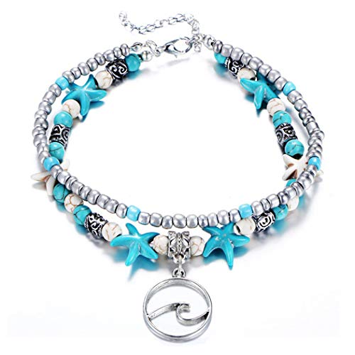 Starain Blue Turtle Anklets for Women Multilayer Beads Handmade Beach Ankle Bracelet Set Boho Foot Jewelry - color: Wave Beaded Anklet