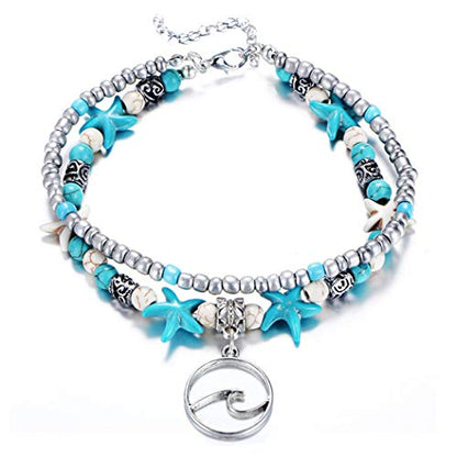 Starain Blue Turtle Anklets for Women Multilayer Beads Handmade Beach Ankle Bracelet Set Boho Foot Jewelry - color: Wave Beaded Anklet