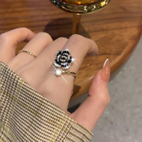Flower Open Statement Rings for Women, Exquisite Cubic Zirconia Sterling Silver Stacking Ring Adjustable Open Ring,Fashion Jewelry Gifts,Suitable For Women Daily and Wedding Wear, Gifts For Your Wife - color: Black