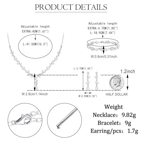 EVER FAITH Cubic Zirconia Pearl Leaf Bridal Jewelry Set for Bride Women | White Wedding Prom Necklace Dangle Earrings Bracelet, for Bridesmaid - color: Marquise_Silver-Plated-Brass