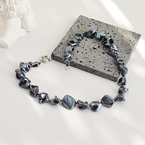 Pearl Choker Necklace for Women Boho Beaded Statement Necklace with Black White Large Freshwater Pearls Silver Fashion Jewelry Gift - color: Bright black
