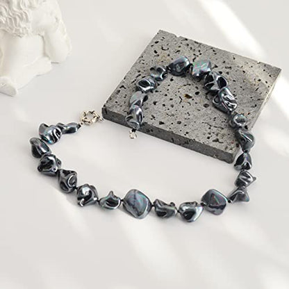 Pearl Choker Necklace for Women Boho Beaded Statement Necklace with Black White Large Freshwater Pearls Silver Fashion Jewelry Gift - color: Bright black